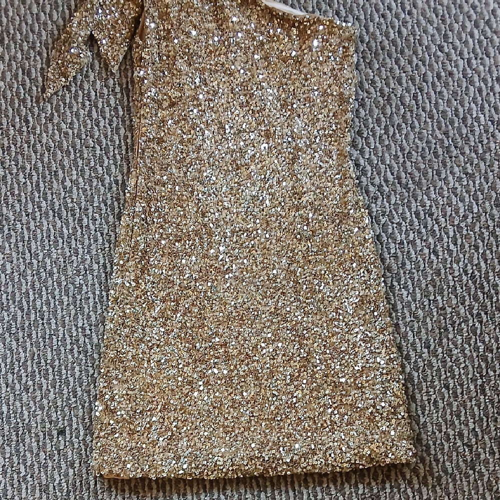 Aidan Mattox Gold Pleated One Shoulder Cocktail Dress - Picture 5 of 6